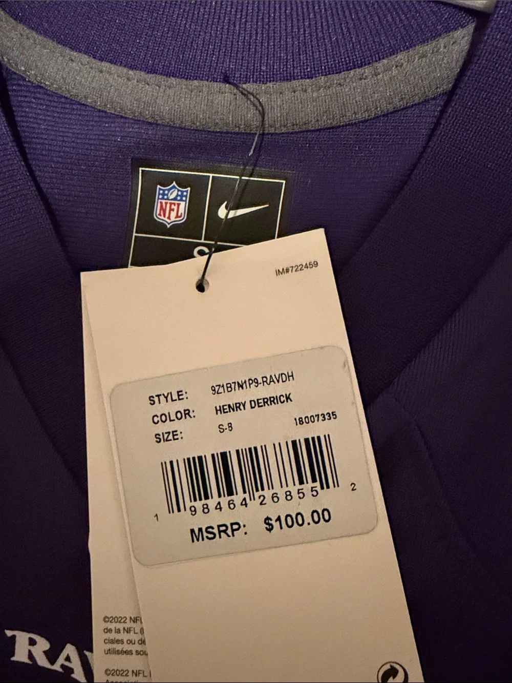 NWT Nike Baltimore Ravens Youth #22 Purple Football Jersey